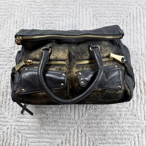 Aimee Kestenberg Satchel Black Gold Metallic Leather Edgy Rocker Bag Moto Edgy
